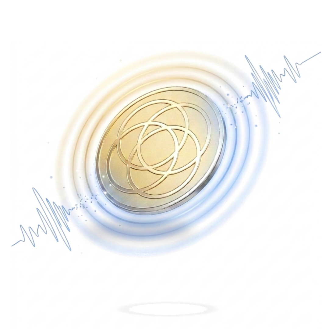 Harmoni EMF protection sticker blocking electromagnetic waves, scientific visualization
