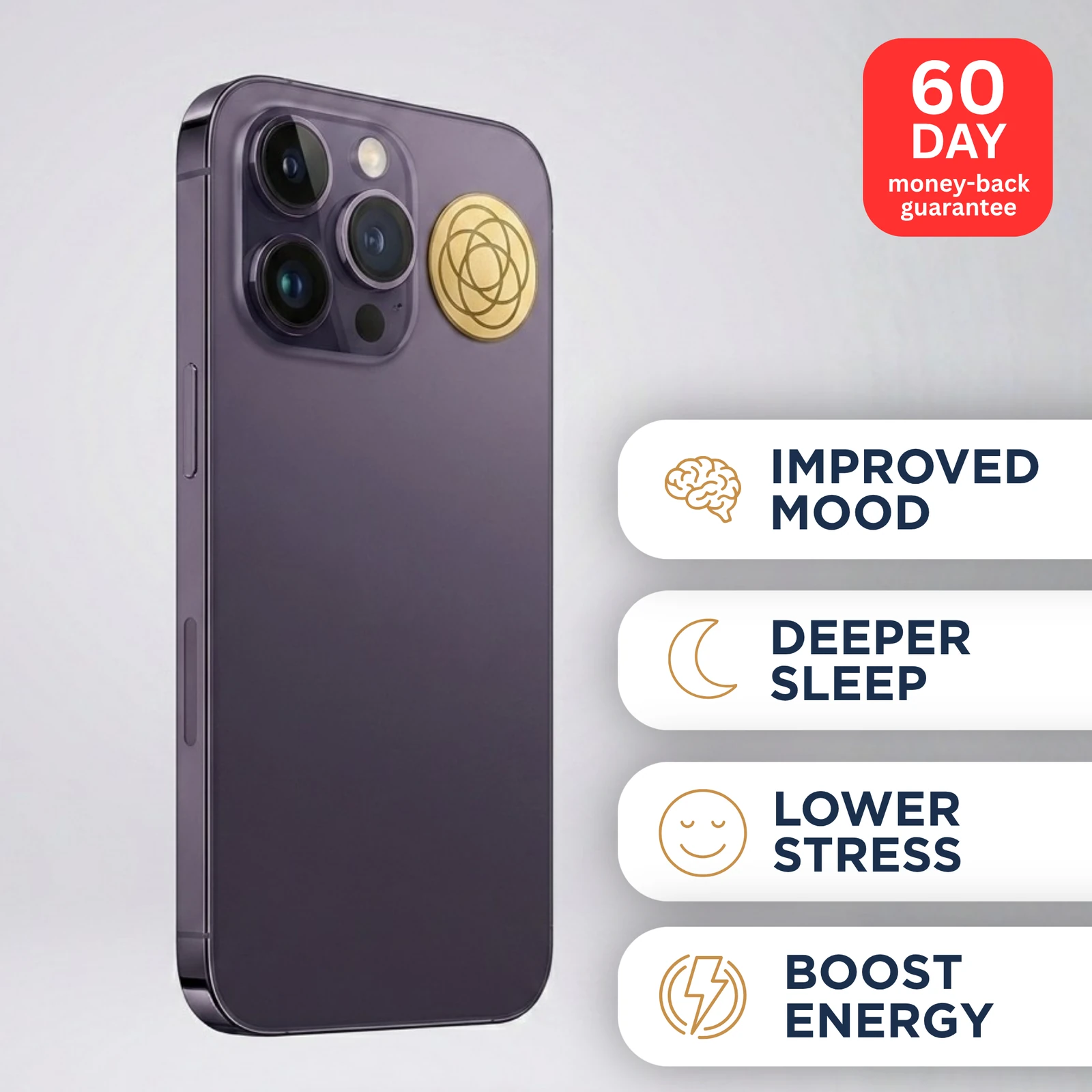 Purple iPhone with a gold Harmoni EMF sticker and a 60-day money-back guarantee badge, beside four benefit labels: improved mood, deeper sleep, lower stress, and boost energy