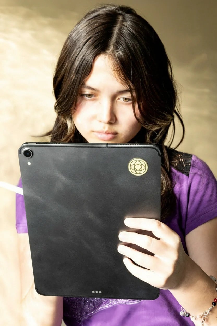 A child holding a tablet with a Harmoni EMF protection sticker on the back